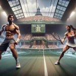 Realistically portrayed tennis match showdown in high-definition. The tension is palpable as two opponents, one a muscled Caucasian male with a focused gaze and fiery determination, the other an agile Middle-Eastern woman showcasing immense power and precision, compete at a grand tournament. The venue is filled to the brim with spectators waiting with bated breath, looking onto the green court with glowing white boundary lines. An enormous scoreboard looms in the background, reminding the crowd of the high stakes. The event, devoid of specific branding, thrives in the romantic city of Paris.