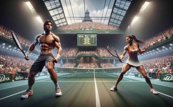 Realistically portrayed tennis match showdown in high-definition. The tension is palpable as two opponents, one a muscled Caucasian male with a focused gaze and fiery determination, the other an agile Middle-Eastern woman showcasing immense power and precision, compete at a grand tournament. The venue is filled to the brim with spectators waiting with bated breath, looking onto the green court with glowing white boundary lines. An enormous scoreboard looms in the background, reminding the crowd of the high stakes. The event, devoid of specific branding, thrives in the romantic city of Paris.