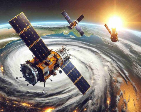 A highly detailed, realistic illustration of satellites operated by the Indian Space Research Organisation (ISRO) in high alert mode against the backdrop of the Earth's atmosphere. These satellites are observing and tracking the progression of a tropical cyclone, named Fengal, as it approaches the coastal region of Tamil Nadu, India. It's a tense scene as these technological marvels work tirelessly to provide early warnings and necessary data to help mitigate the impending disaster.