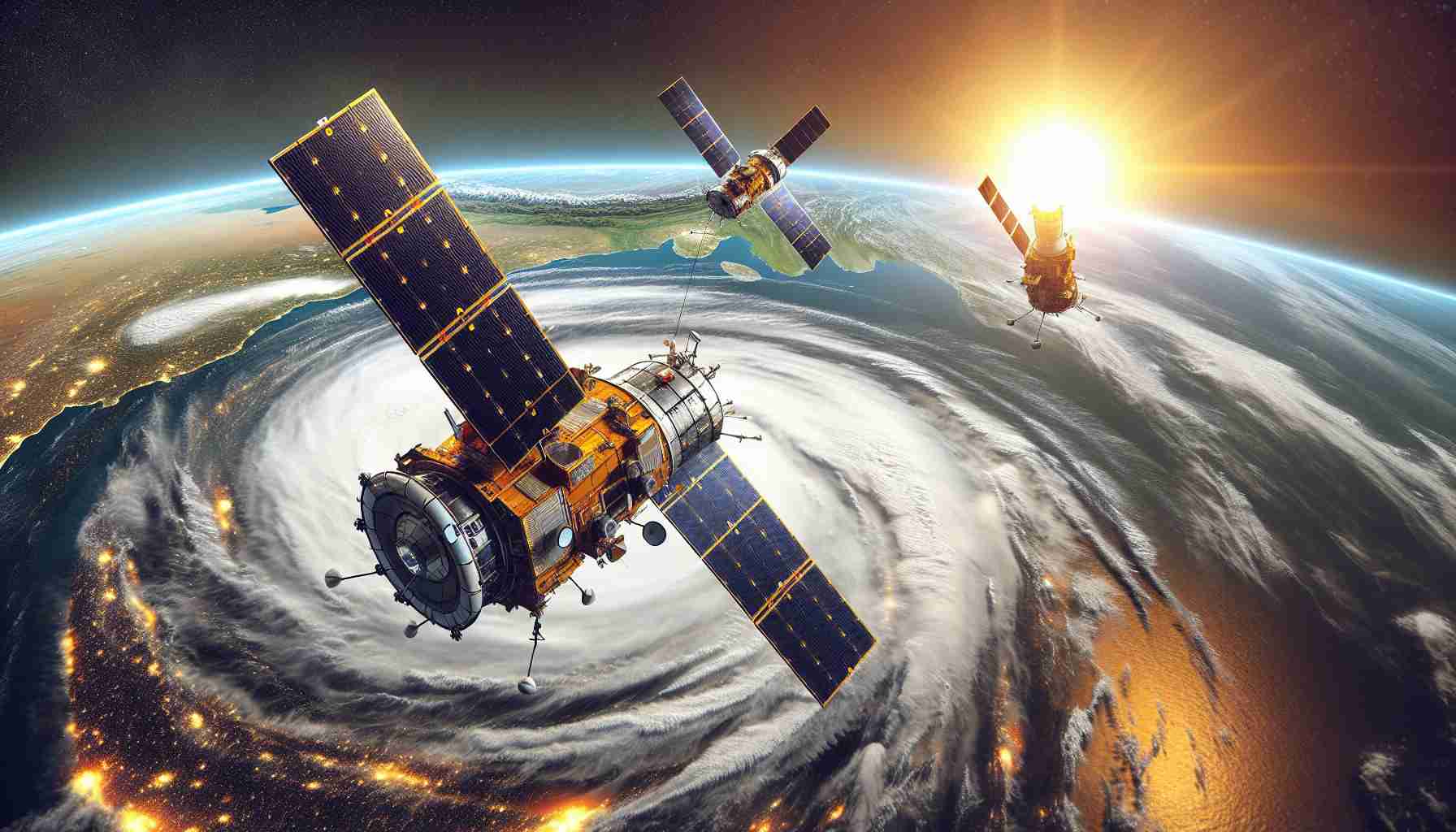 A highly detailed, realistic illustration of satellites operated by the Indian Space Research Organisation (ISRO) in high alert mode against the backdrop of the Earth's atmosphere. These satellites are observing and tracking the progression of a tropical cyclone, named Fengal, as it approaches the coastal region of Tamil Nadu, India. It's a tense scene as these technological marvels work tirelessly to provide early warnings and necessary data to help mitigate the impending disaster.