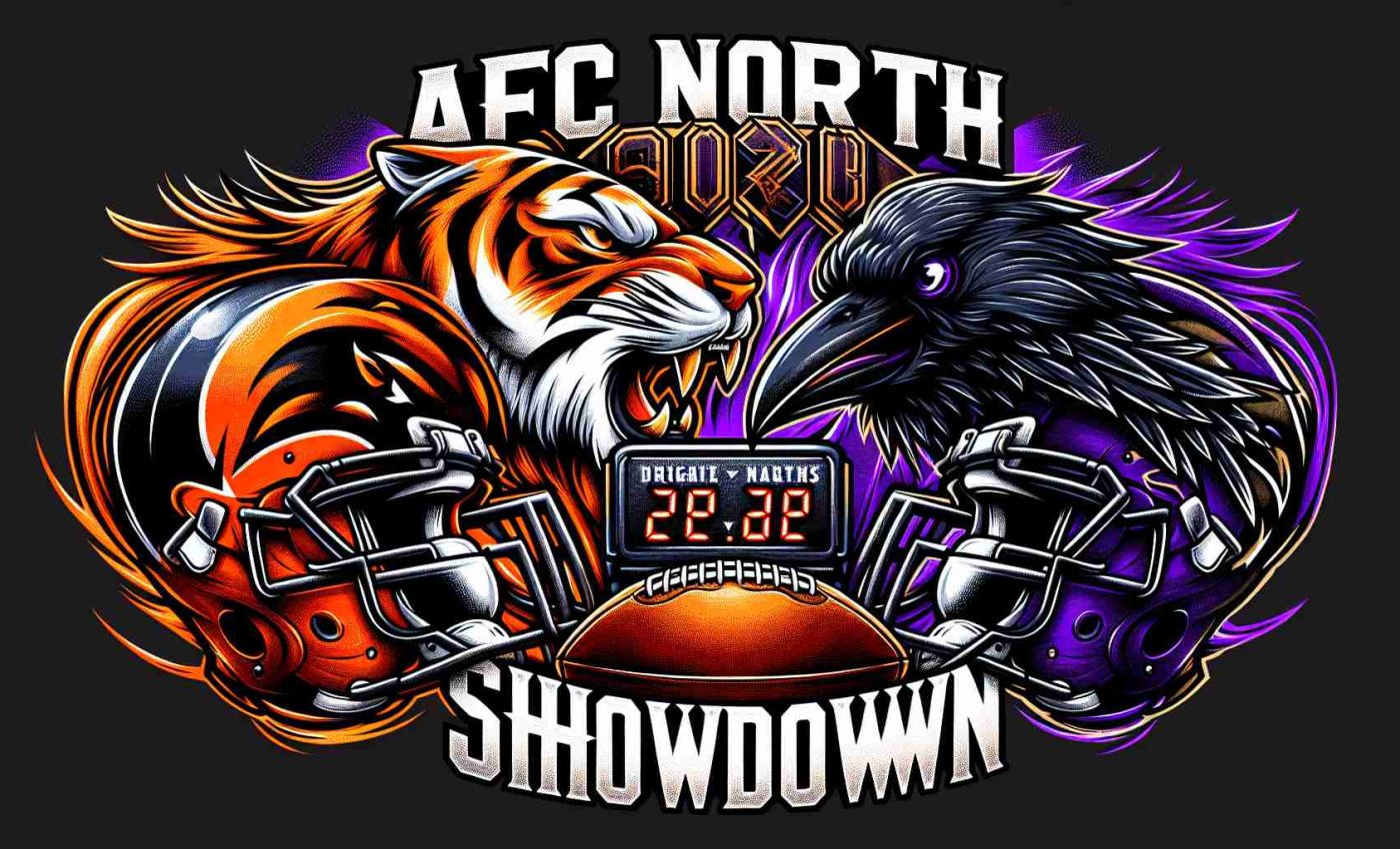 HD illustration of a dramatic showdown between two American football teams, one represented by a ferocious tiger and the other by a majestic raven. Two helmets, one orange and black, representing the team symbolized by the tiger, and another in purple and black, for the team symbolized by the raven, are clashing in the center. Next to each helmet is an animated prediction board with tensely changing digits to set the scene for a thrilling game. The words 'AFC North Showdown' are in bold, attracting attention at the top of the design.