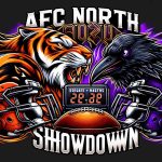 HD illustration of a dramatic showdown between two American football teams, one represented by a ferocious tiger and the other by a majestic raven. Two helmets, one orange and black, representing the team symbolized by the tiger, and another in purple and black, for the team symbolized by the raven, are clashing in the center. Next to each helmet is an animated prediction board with tensely changing digits to set the scene for a thrilling game. The words 'AFC North Showdown' are in bold, attracting attention at the top of the design.