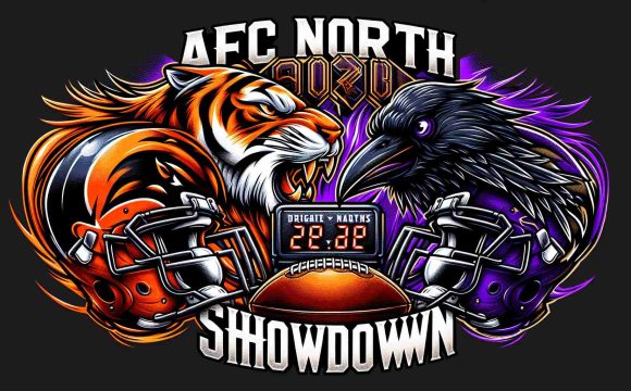 HD illustration of a dramatic showdown between two American football teams, one represented by a ferocious tiger and the other by a majestic raven. Two helmets, one orange and black, representing the team symbolized by the tiger, and another in purple and black, for the team symbolized by the raven, are clashing in the center. Next to each helmet is an animated prediction board with tensely changing digits to set the scene for a thrilling game. The words 'AFC North Showdown' are in bold, attracting attention at the top of the design.