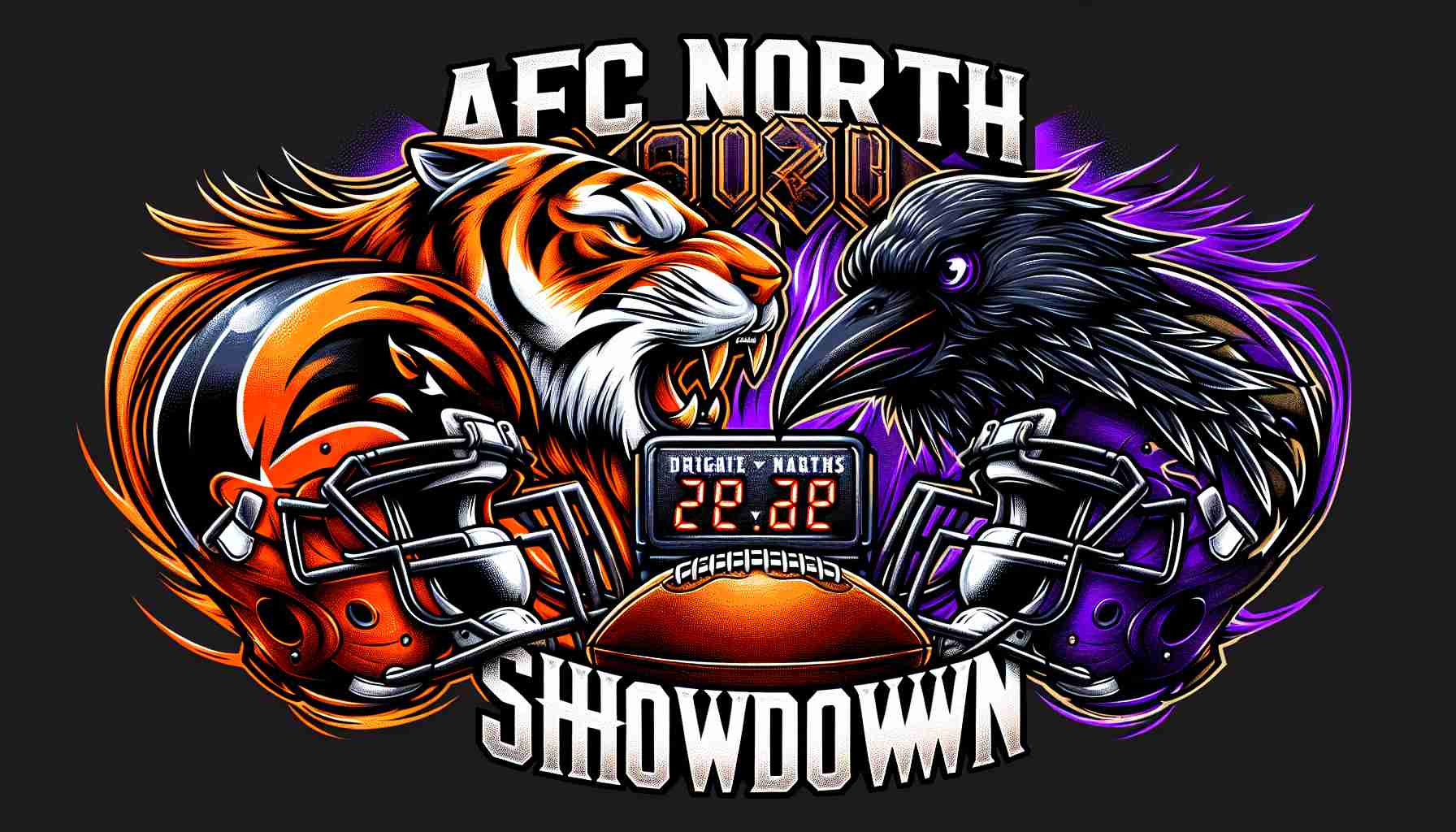 HD illustration of a dramatic showdown between two American football teams, one represented by a ferocious tiger and the other by a majestic raven. Two helmets, one orange and black, representing the team symbolized by the tiger, and another in purple and black, for the team symbolized by the raven, are clashing in the center. Next to each helmet is an animated prediction board with tensely changing digits to set the scene for a thrilling game. The words 'AFC North Showdown' are in bold, attracting attention at the top of the design.