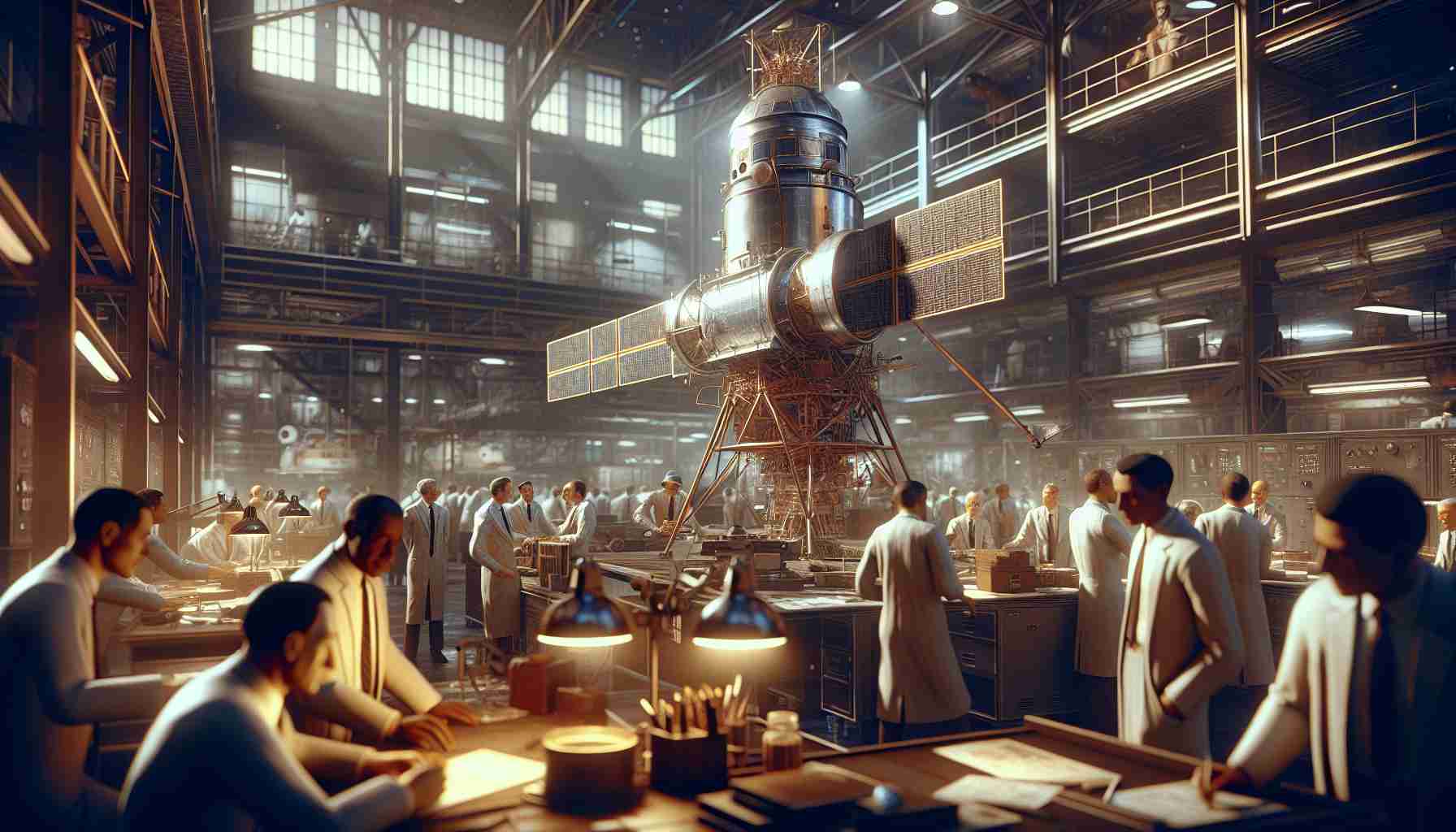 Realistic, high-definition depiction of a historical moment: the achievement of the United States in reaching outer space. This scene portrays the untold story of the satellite named 'Explorer 1'. Show the satellite being built by men and women of differing descents such as Black, Hispanic, Caucasian, and Asian. Illustrate the bustling atmosphere of a technological lab from the 20th century, highlighting the camaraderie among scientists and engineers as they successfully achieve an unprecedented technological feat.