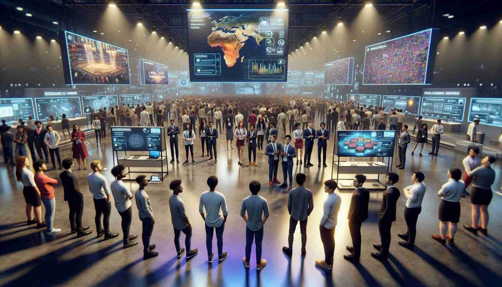 A high-definition, realistic image of a tech summit in Bengaluru, India. The setting is full of energy and innovation. Students from various descents such as Caucasian, Hispanic, Black, Middle-Eastern, and South Asian, are showcasing their groundbreaking solutions, each standing by their presentation boards. The room is filled with curious attendees and technologically advanced exhibits. Bright lights accentuate the polished surfaces of the advanced tech gadgets, and screens display incredible sets of data and revolutionary algorithms. The atmosphere is positive, buzzing with energy, and conversations about the potential of these cutting-edge ideas.