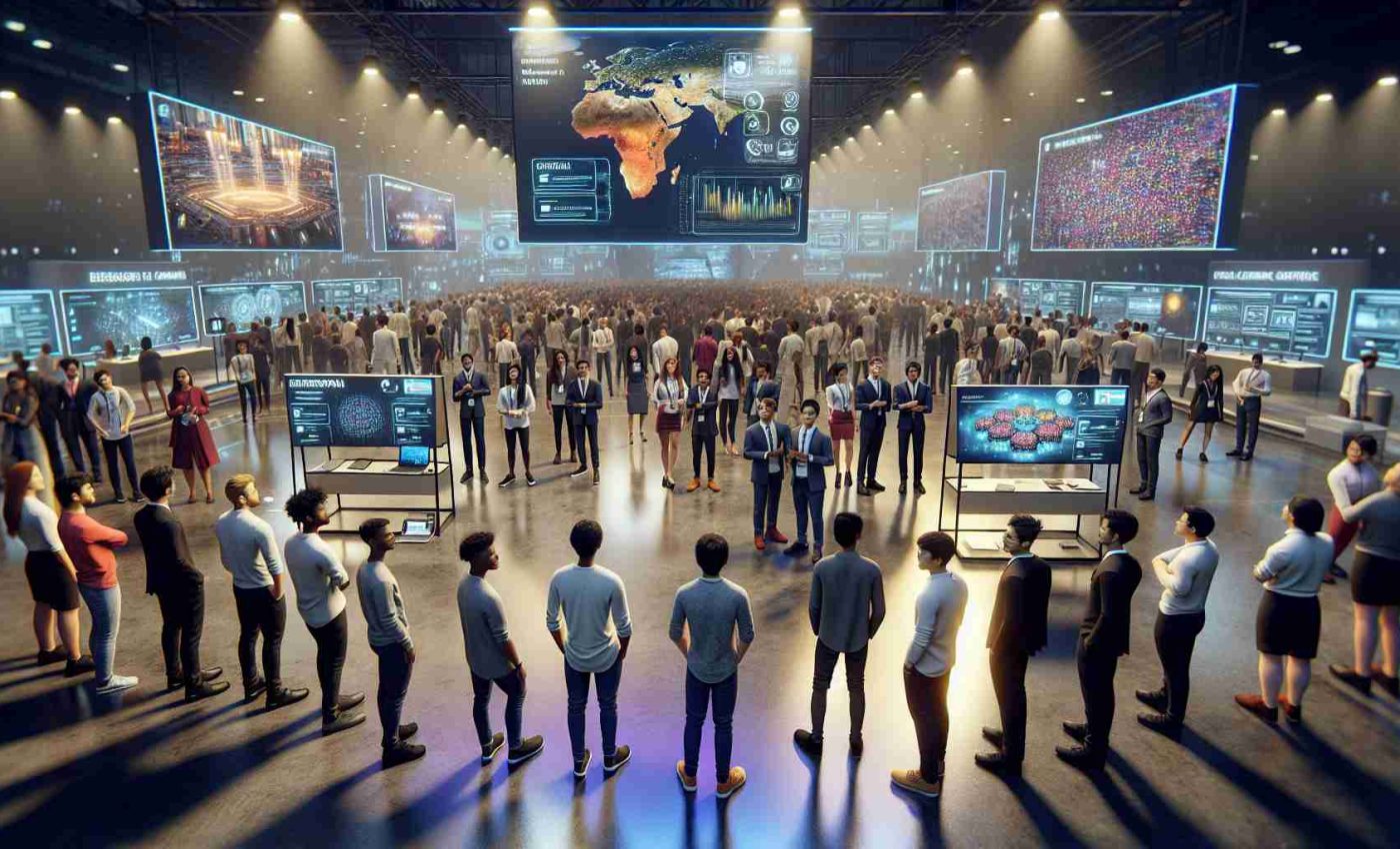 A high-definition, realistic image of a tech summit in Bengaluru, India. The setting is full of energy and innovation. Students from various descents such as Caucasian, Hispanic, Black, Middle-Eastern, and South Asian, are showcasing their groundbreaking solutions, each standing by their presentation boards. The room is filled with curious attendees and technologically advanced exhibits. Bright lights accentuate the polished surfaces of the advanced tech gadgets, and screens display incredible sets of data and revolutionary algorithms. The atmosphere is positive, buzzing with energy, and conversations about the potential of these cutting-edge ideas.