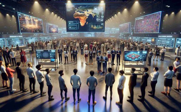 A high-definition, realistic image of a tech summit in Bengaluru, India. The setting is full of energy and innovation. Students from various descents such as Caucasian, Hispanic, Black, Middle-Eastern, and South Asian, are showcasing their groundbreaking solutions, each standing by their presentation boards. The room is filled with curious attendees and technologically advanced exhibits. Bright lights accentuate the polished surfaces of the advanced tech gadgets, and screens display incredible sets of data and revolutionary algorithms. The atmosphere is positive, buzzing with energy, and conversations about the potential of these cutting-edge ideas.