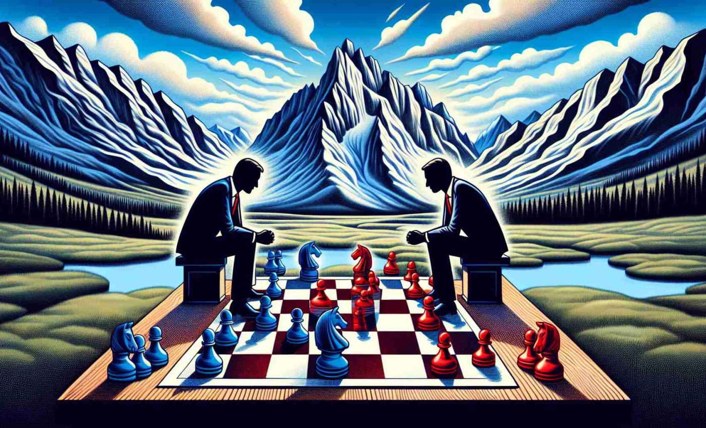 An illustrative interpretation of a political face-off for control in Montana's Senate. Depict this metaphorically, showing two unidentifiable figures representing the opposing parties, engaged over a chessboard laid out with red and blue pieces to represent political affiliations. Set this scene under the expansive Montana sky, with majestic mountains in the backdrop. Ensure to express the intensity and significance of such an event, without disclosing any personal identities.