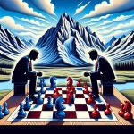 An illustrative interpretation of a political face-off for control in Montana's Senate. Depict this metaphorically, showing two unidentifiable figures representing the opposing parties, engaged over a chessboard laid out with red and blue pieces to represent political affiliations. Set this scene under the expansive Montana sky, with majestic mountains in the backdrop. Ensure to express the intensity and significance of such an event, without disclosing any personal identities.