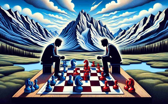 An illustrative interpretation of a political face-off for control in Montana's Senate. Depict this metaphorically, showing two unidentifiable figures representing the opposing parties, engaged over a chessboard laid out with red and blue pieces to represent political affiliations. Set this scene under the expansive Montana sky, with majestic mountains in the backdrop. Ensure to express the intensity and significance of such an event, without disclosing any personal identities.