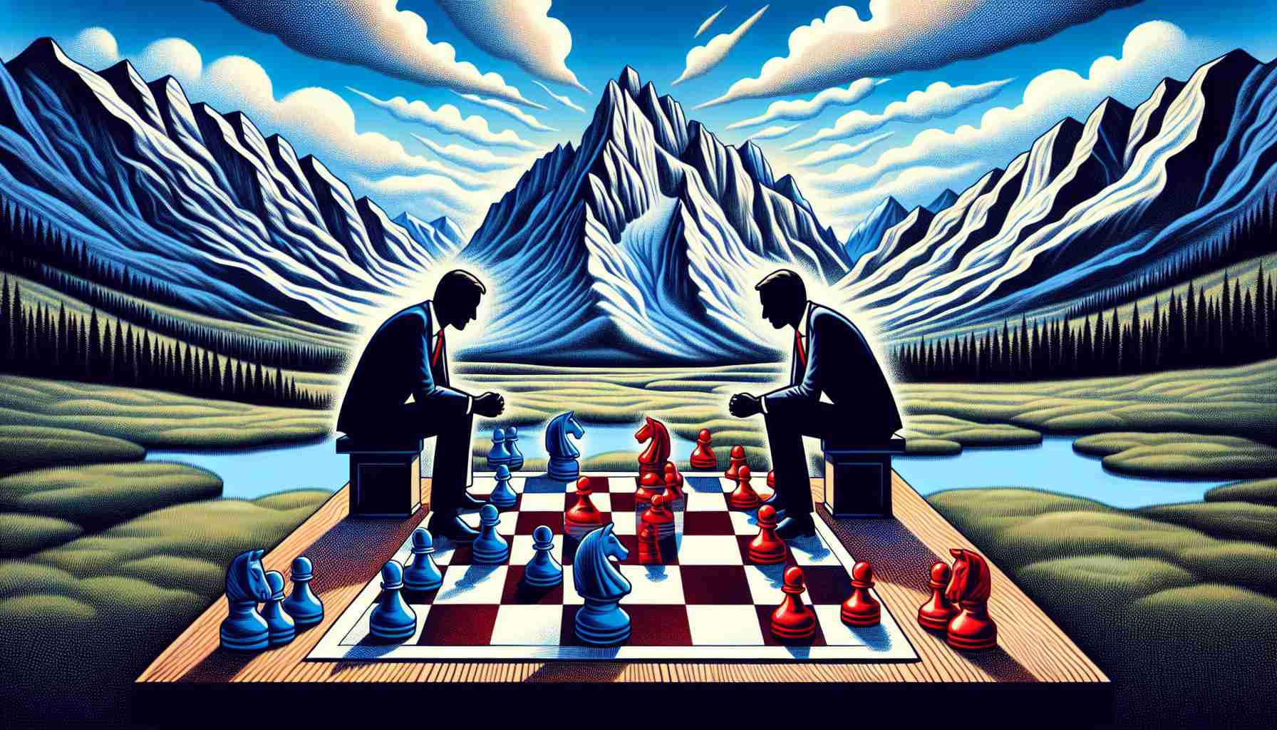 An illustrative interpretation of a political face-off for control in Montana's Senate. Depict this metaphorically, showing two unidentifiable figures representing the opposing parties, engaged over a chessboard laid out with red and blue pieces to represent political affiliations. Set this scene under the expansive Montana sky, with majestic mountains in the backdrop. Ensure to express the intensity and significance of such an event, without disclosing any personal identities.