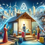 A depiction of Airbnb's prosperous future amidst transforming tourism trends. The image creatively illustrates the dynamic nature of travel. It visualises the shift from traditional hotel stays to contemporary homestays, accompanied by rising popularity. The scene is infused with optimism, symbolizing Airbnb's potential growth and enduring success. Cultural aspects of travel, such as a traveler of South Asian descent checking in to an Airbnb home using her phone and a Caucasian couple unpacking their suitcases in another home are important aspects.