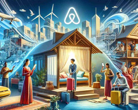 A depiction of Airbnb's prosperous future amidst transforming tourism trends. The image creatively illustrates the dynamic nature of travel. It visualises the shift from traditional hotel stays to contemporary homestays, accompanied by rising popularity. The scene is infused with optimism, symbolizing Airbnb's potential growth and enduring success. Cultural aspects of travel, such as a traveler of South Asian descent checking in to an Airbnb home using her phone and a Caucasian couple unpacking their suitcases in another home are important aspects.