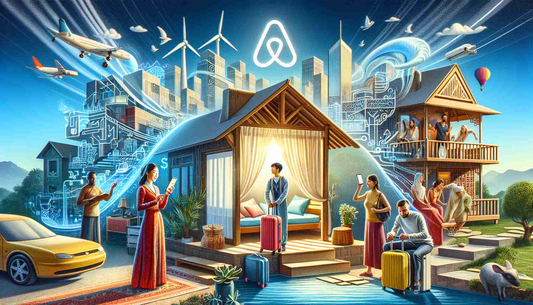 A depiction of Airbnb's prosperous future amidst transforming tourism trends. The image creatively illustrates the dynamic nature of travel. It visualises the shift from traditional hotel stays to contemporary homestays, accompanied by rising popularity. The scene is infused with optimism, symbolizing Airbnb's potential growth and enduring success. Cultural aspects of travel, such as a traveler of South Asian descent checking in to an Airbnb home using her phone and a Caucasian couple unpacking their suitcases in another home are important aspects.