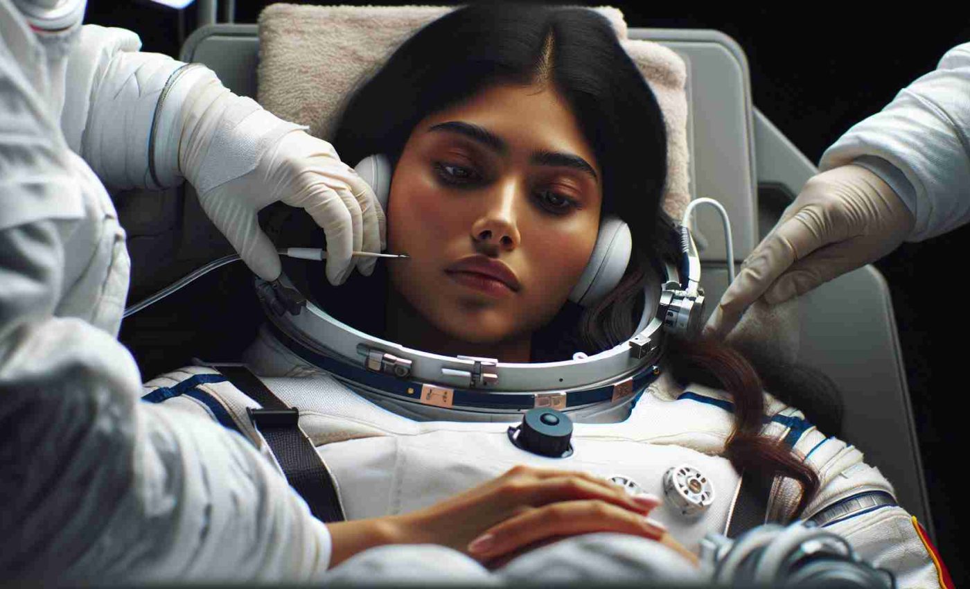 Realistic high-definition image of a South Asian female astronaut dealing with health challenges during a long-term space mission