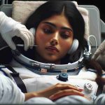 Realistic high-definition image of a South Asian female astronaut dealing with health challenges during a long-term space mission