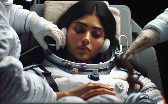 Realistic high-definition image of a South Asian female astronaut dealing with health challenges during a long-term space mission