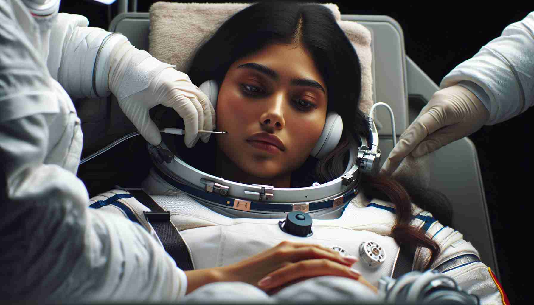 Realistic high-definition image of a South Asian female astronaut dealing with health challenges during a long-term space mission