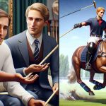 A high-definition, realistic representation where two brothers, both of royal lineage, take on distinct roles. The older one, a light-skinned man with light brown hair, actively participates in tackling homelessness. He's seen speaking to disadvantaged individuals, offering support and understanding. Simultaneously, his younger brother, a light-skinned man with red hair, is at a polo field. He's energetically participating in a polo match, riding a horse, with a mallet in his hand.