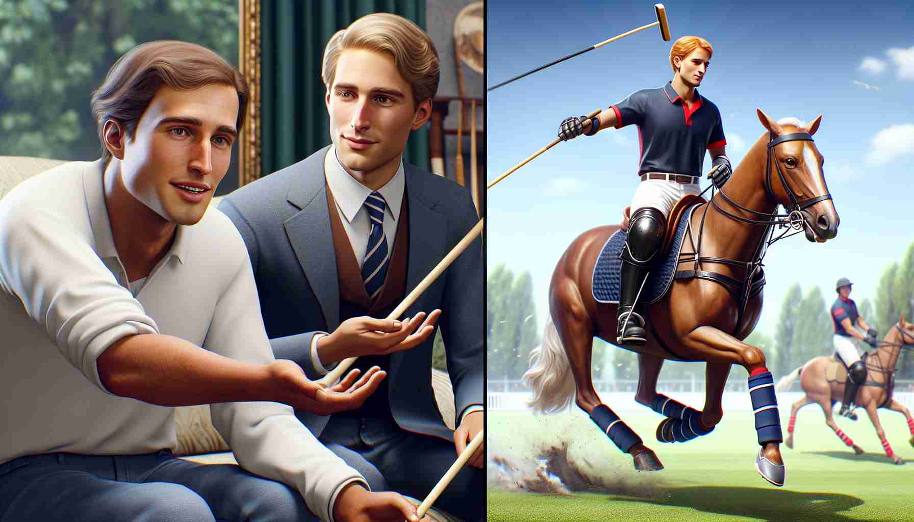 A high-definition, realistic representation where two brothers, both of royal lineage, take on distinct roles. The older one, a light-skinned man with light brown hair, actively participates in tackling homelessness. He's seen speaking to disadvantaged individuals, offering support and understanding. Simultaneously, his younger brother, a light-skinned man with red hair, is at a polo field. He's energetically participating in a polo match, riding a horse, with a mallet in his hand.