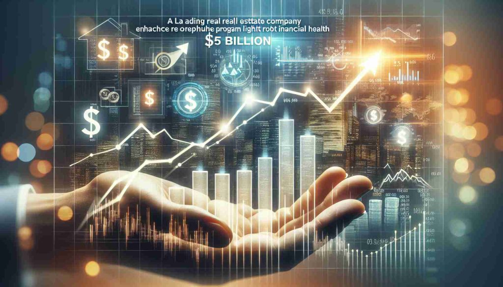 Visualize a headline stating 'A leading real estate company enhances share repurchase program by $5 billion in light of robust financial health'. The image should be a crisp, high-definition photograph featuring financial symbols and figures that underscore the company’s strong monetary standing. Also represent a potent and successful business atmosphere, including elements like a growth chart with upward trending lines indicative of financial strength, and symbols such as currencies, and stock market imagery. Be sure to maintain a professional and realistic aesthetic.