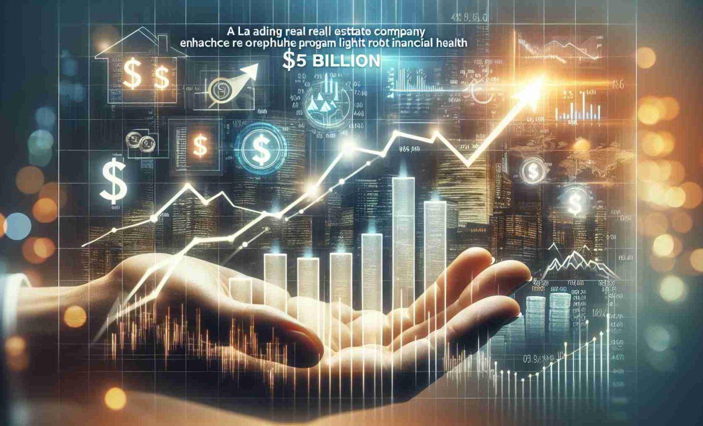 Visualize a headline stating 'A leading real estate company enhances share repurchase program by $5 billion in light of robust financial health'. The image should be a crisp, high-definition photograph featuring financial symbols and figures that underscore the company’s strong monetary standing. Also represent a potent and successful business atmosphere, including elements like a growth chart with upward trending lines indicative of financial strength, and symbols such as currencies, and stock market imagery. Be sure to maintain a professional and realistic aesthetic.