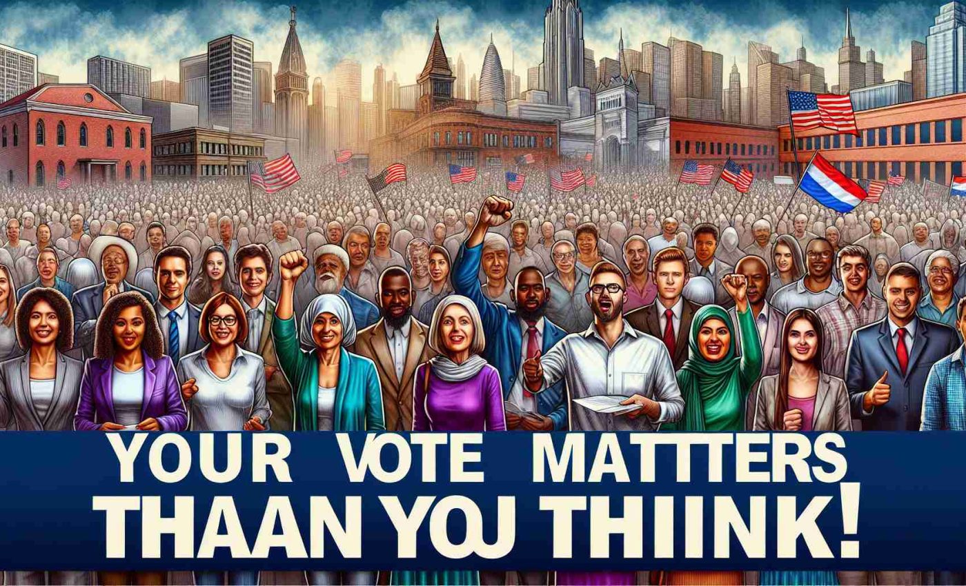 A high-definition, realistic illustration signifying the power of local politics. This image could comprise a diversity of voters from different descents - such as Caucasian, Black, Hispanic, Middle-Eastern, South Asian and White - actively participating in the voting process. Each one is enthusiastic and eager, signifying that their vote matters. In the background, a bustling cityscape might serve as a representation of local politics. An empowering slogan, 'Your Vote Matters More Than You Think!' bannered at the top or bottom in bold, eye-catching letters, further underlining the core message.