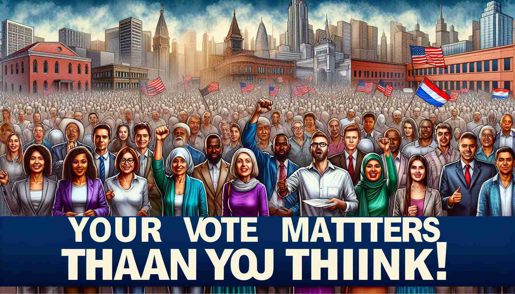 A high-definition, realistic illustration signifying the power of local politics. This image could comprise a diversity of voters from different descents - such as Caucasian, Black, Hispanic, Middle-Eastern, South Asian and White - actively participating in the voting process. Each one is enthusiastic and eager, signifying that their vote matters. In the background, a bustling cityscape might serve as a representation of local politics. An empowering slogan, 'Your Vote Matters More Than You Think!' bannered at the top or bottom in bold, eye-catching letters, further underlining the core message.