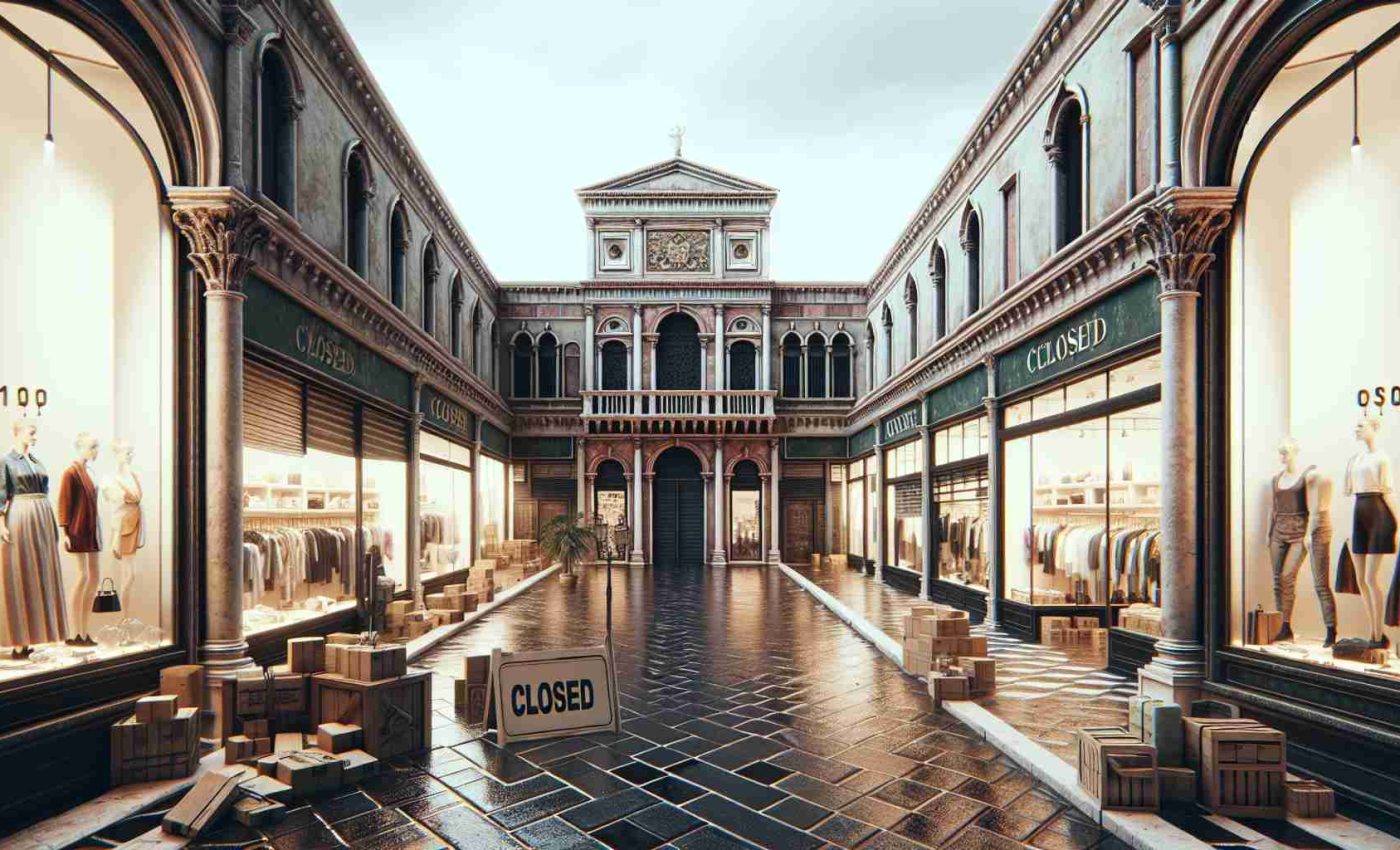 Generate a high-resolution image illustrating a high-end retail store located in a Venetian-style architecture building. Visualize the store in an apparent state of closure, with elements such as 'closed' signs, empty shelves, and dust. Depict a somber mood representing economic hardship, through subtleties such as overcast skies and deserted streets.