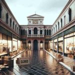 Generate a high-resolution image illustrating a high-end retail store located in a Venetian-style architecture building. Visualize the store in an apparent state of closure, with elements such as 'closed' signs, empty shelves, and dust. Depict a somber mood representing economic hardship, through subtleties such as overcast skies and deserted streets.