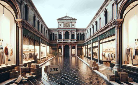 Generate a high-resolution image illustrating a high-end retail store located in a Venetian-style architecture building. Visualize the store in an apparent state of closure, with elements such as 'closed' signs, empty shelves, and dust. Depict a somber mood representing economic hardship, through subtleties such as overcast skies and deserted streets.