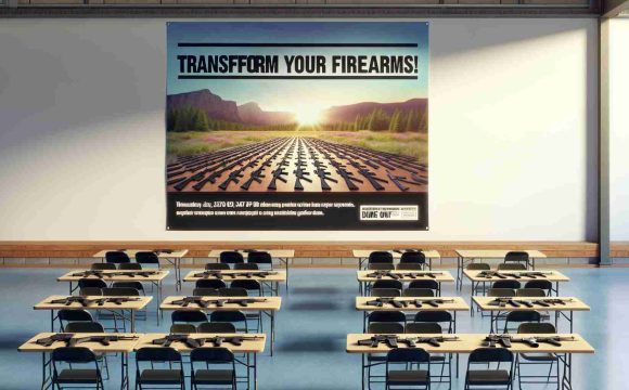 An HD photo realistically depicting a poster for a forthcoming Gun Buyback Event. The poster includes impactful text such as 'Transform Your Firearms!', drawing attention to its audience. The backdrop of the poster can be a calming, peaceful scene, perhaps symbolizing a world without gun violence. Several empty rows of tables are set up, indicating the event space. Perhaps also show a number of unloaded firearms on a table as part of the event imagery, making sure they are depicted in a non-threatening way.