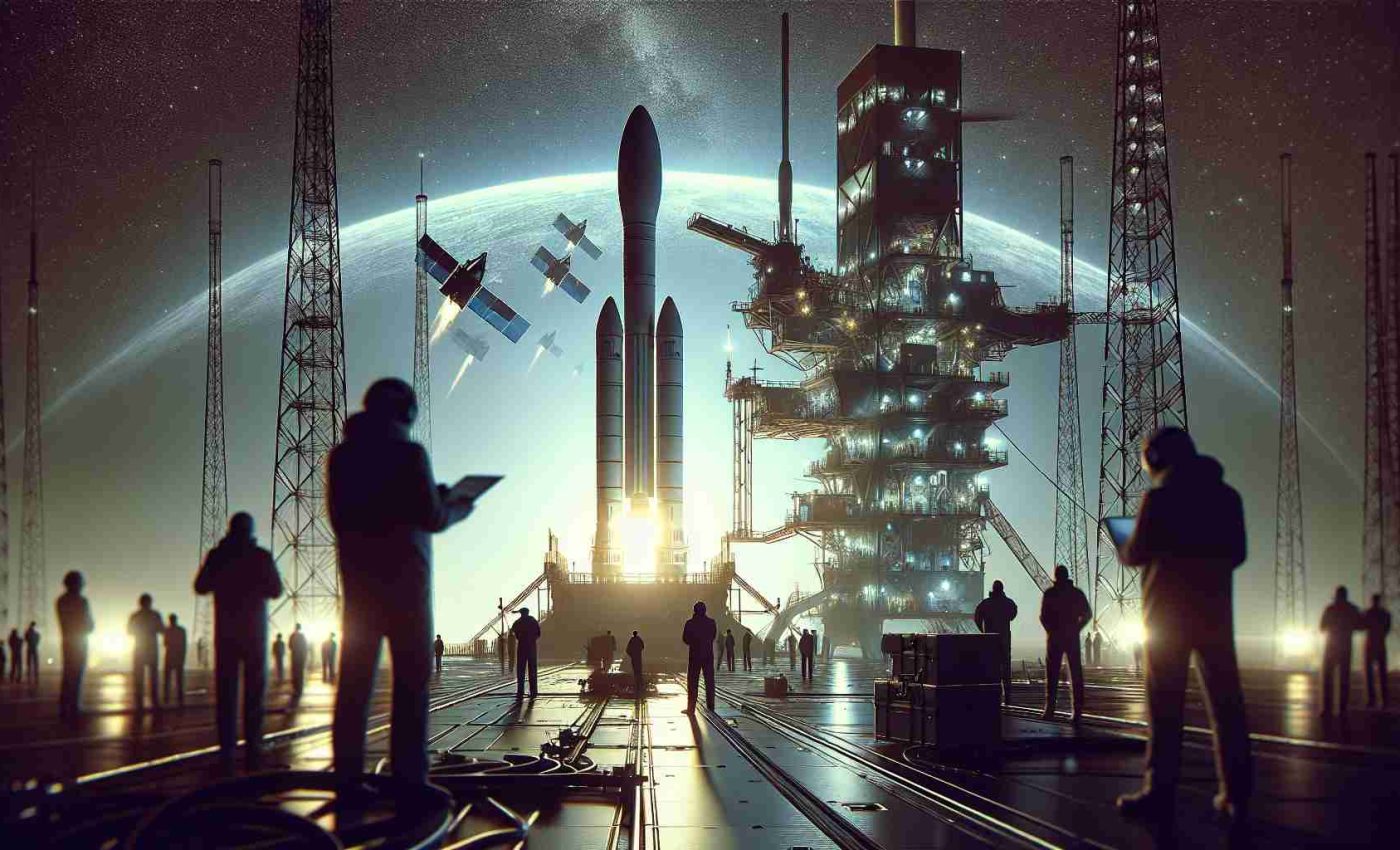 A high-definition image depicting a thrilling moment where a private space exploration company is preparing for yet another launch of their network satellites. The scene captures the hustle and bustle on the launch pad with engineers and technicians making sure all systems are ready. The launch vehicle is clearly seen, silhouetted against the sky. Close by, a controllable satellite network is represented, orbiting around the Earth, ready to receive its new members.