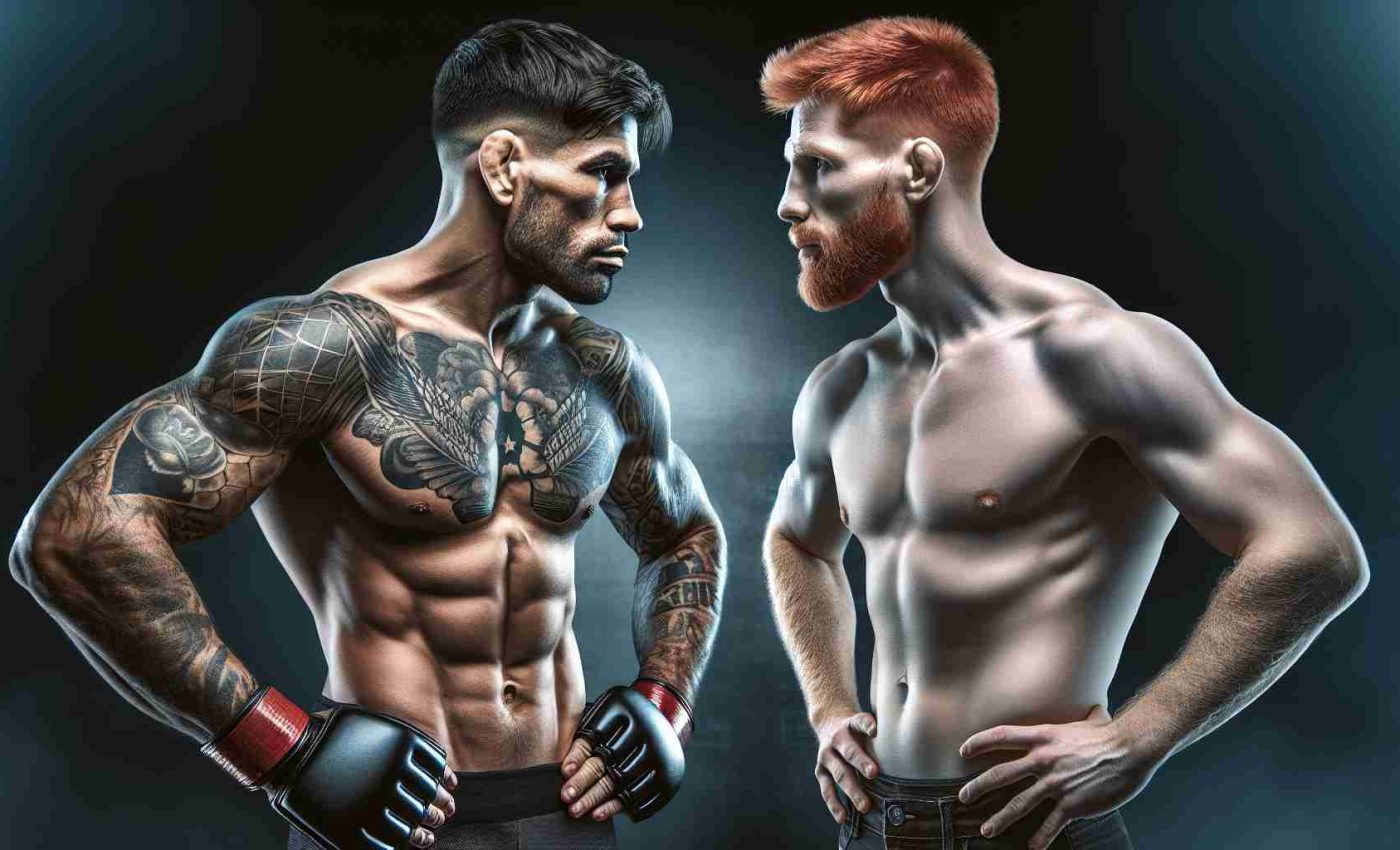 A high-definition realistic photo of one muscular, tattooed Caucasian male MMA fighter and one athletic, red-haired Caucasian male MMA fighter in a competitive standoff, symbolizing an intense and much-awaited face-off in the fighting sport.