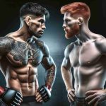 A high-definition realistic photo of one muscular, tattooed Caucasian male MMA fighter and one athletic, red-haired Caucasian male MMA fighter in a competitive standoff, symbolizing an intense and much-awaited face-off in the fighting sport.