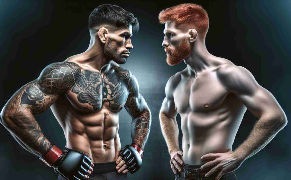 A high-definition realistic photo of one muscular, tattooed Caucasian male MMA fighter and one athletic, red-haired Caucasian male MMA fighter in a competitive standoff, symbolizing an intense and much-awaited face-off in the fighting sport.