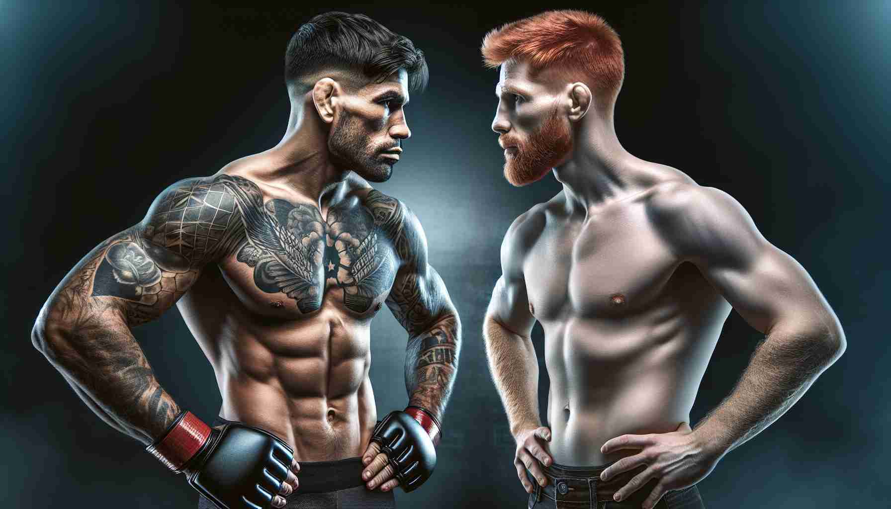 A high-definition realistic photo of one muscular, tattooed Caucasian male MMA fighter and one athletic, red-haired Caucasian male MMA fighter in a competitive standoff, symbolizing an intense and much-awaited face-off in the fighting sport.