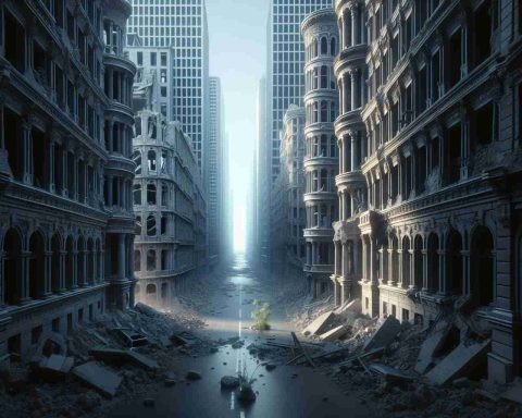 A high-definition, realistic illustration of a city reflecting the aftermath of a ceasefire. The hollowed sterling buildings carry a haunting atmosphere, their historical grandeur marred by destruction. Streets, once bustling, now lie desolate, with the occasional passerby left to confront the city's altered state. Amid this scene of quiet devastation, signs of resilience and hopeful rebirth can be glimpsed - a sprout pushing through the cement rubble, a light flickering on in a distant window, evidence of life persisting after upheaval.