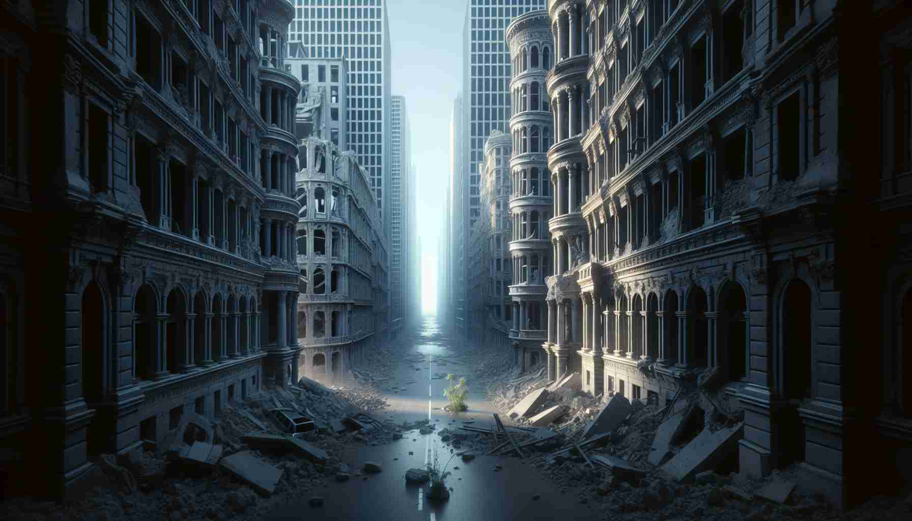 A high-definition, realistic illustration of a city reflecting the aftermath of a ceasefire. The hollowed sterling buildings carry a haunting atmosphere, their historical grandeur marred by destruction. Streets, once bustling, now lie desolate, with the occasional passerby left to confront the city's altered state. Amid this scene of quiet devastation, signs of resilience and hopeful rebirth can be glimpsed - a sprout pushing through the cement rubble, a light flickering on in a distant window, evidence of life persisting after upheaval.