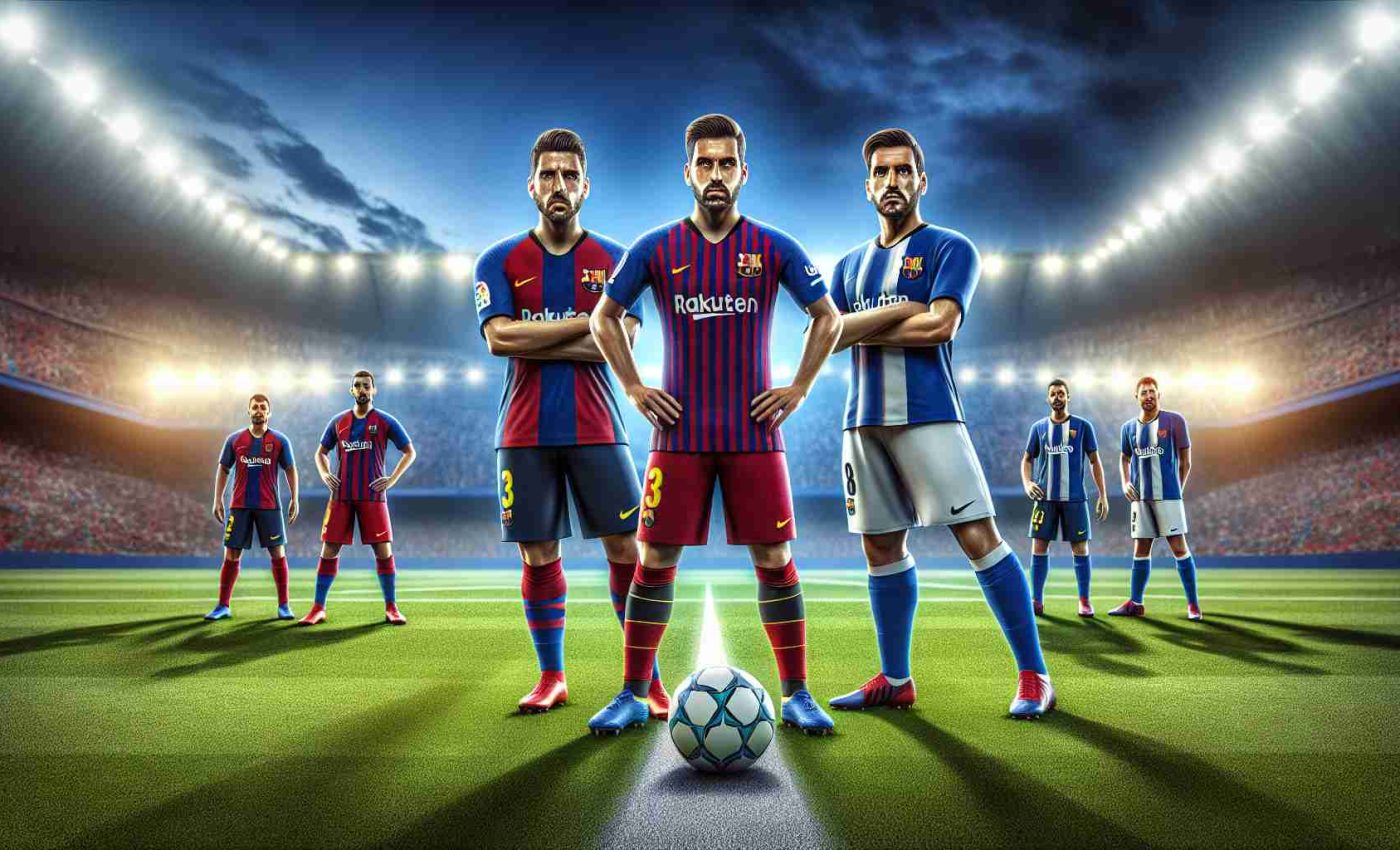 Realistic high-definition image featuring the exciting football showdown between two vibrant and competitive teams, one in red and blue uniforms representing Barcelona, and the other in blue and white uniforms representing Espanyol, as they prepare to face-off on a green soccer field under the bright stadium lights.