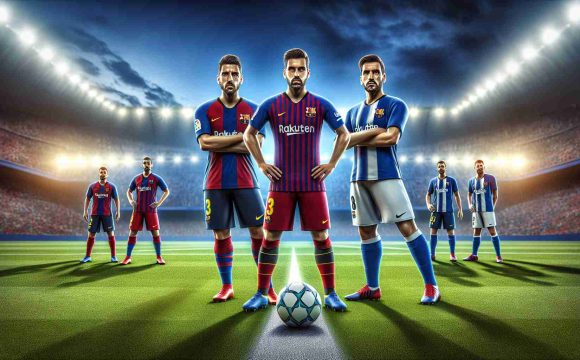 Realistic high-definition image featuring the exciting football showdown between two vibrant and competitive teams, one in red and blue uniforms representing Barcelona, and the other in blue and white uniforms representing Espanyol, as they prepare to face-off on a green soccer field under the bright stadium lights.