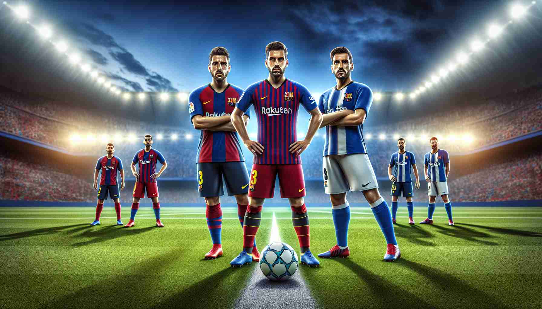 Realistic high-definition image featuring the exciting football showdown between two vibrant and competitive teams, one in red and blue uniforms representing Barcelona, and the other in blue and white uniforms representing Espanyol, as they prepare to face-off on a green soccer field under the bright stadium lights.