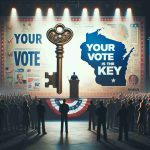 An HD image showcasing a scene in which a generic politician is encouraging a location to vote wisely. The scene can be conceived with the politician standing on a stage with a multifaceted backdrop: a key to imprint the importance of this moment, a banner reading 'Your Vote is the Key' and a map focusing on the state of Wisconsin. The atmosphere is intense and crucial, filled with an array of different people passionately listening to his speech.