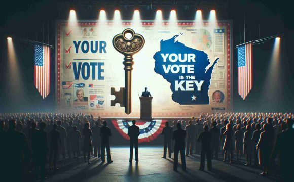 An HD image showcasing a scene in which a generic politician is encouraging a location to vote wisely. The scene can be conceived with the politician standing on a stage with a multifaceted backdrop: a key to imprint the importance of this moment, a banner reading 'Your Vote is the Key' and a map focusing on the state of Wisconsin. The atmosphere is intense and crucial, filled with an array of different people passionately listening to his speech.