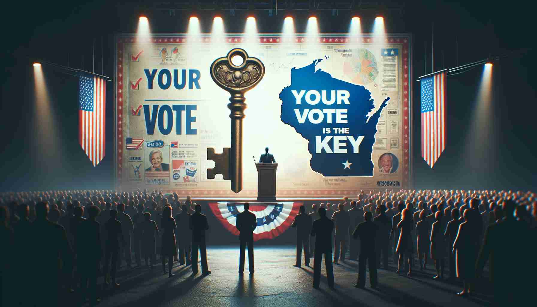 An HD image showcasing a scene in which a generic politician is encouraging a location to vote wisely. The scene can be conceived with the politician standing on a stage with a multifaceted backdrop: a key to imprint the importance of this moment, a banner reading 'Your Vote is the Key' and a map focusing on the state of Wisconsin. The atmosphere is intense and crucial, filled with an array of different people passionately listening to his speech.