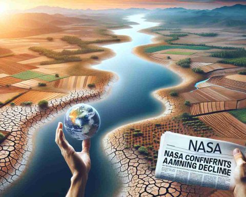 Create a realistic high-definition image representing the global freshwater crisis. This could include elements such as parched landscapes, low river levels, or dry agricultural fields. Also, include a newspaper headline in the lower right-hand corner that says 'NASA Confirms Alarming Decline'. Make sure the headline appears as if it's on an actual newspaper.