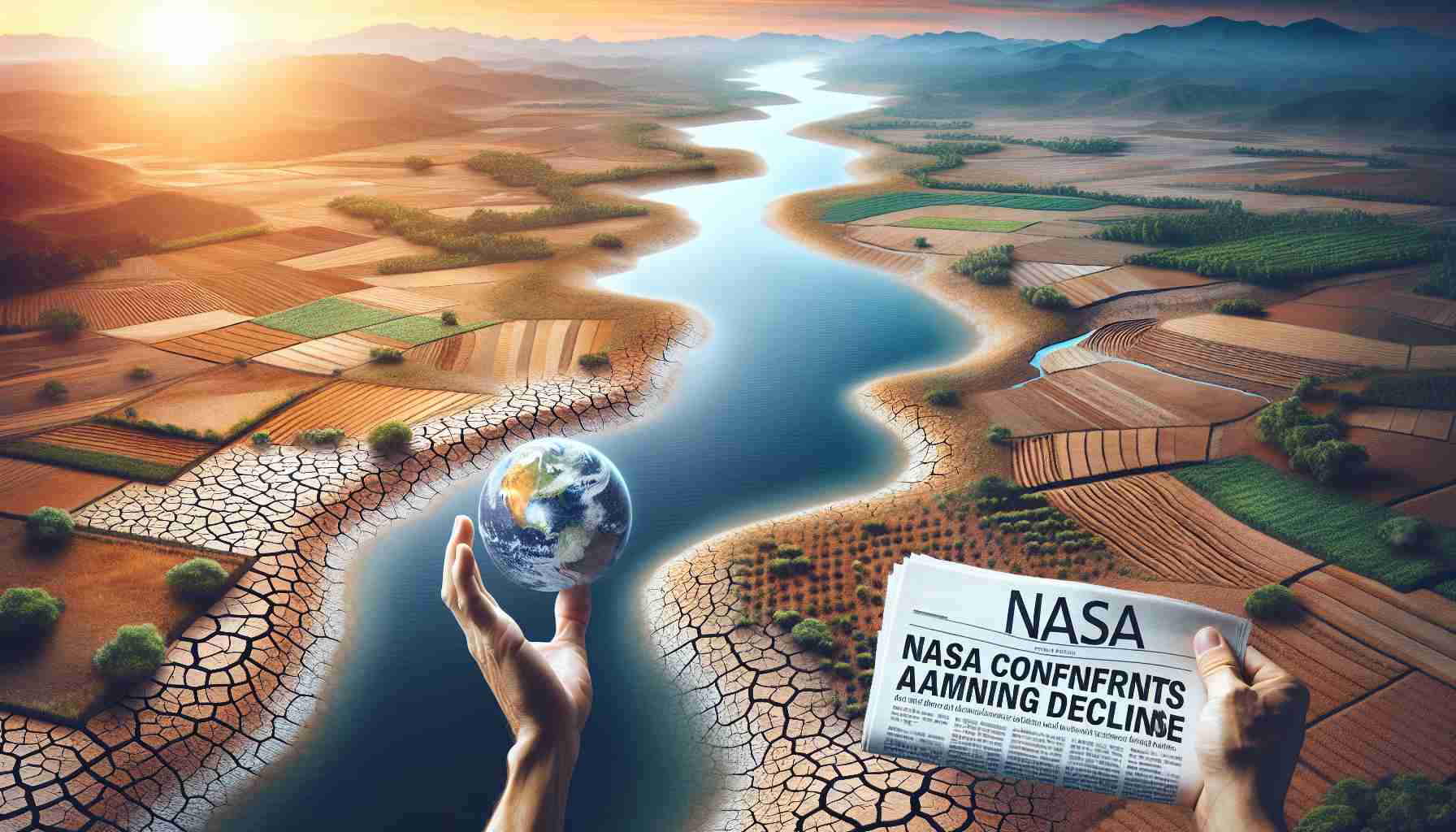 Create a realistic high-definition image representing the global freshwater crisis. This could include elements such as parched landscapes, low river levels, or dry agricultural fields. Also, include a newspaper headline in the lower right-hand corner that says 'NASA Confirms Alarming Decline'. Make sure the headline appears as if it's on an actual newspaper.