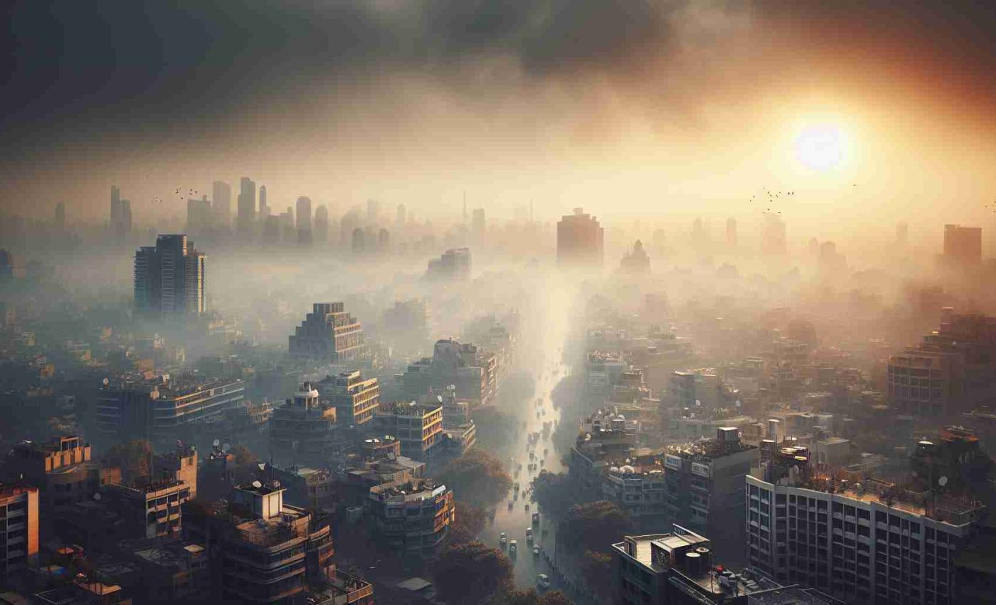 A realistic, high-definition image showing the air quality crisis in Delhi. The scene reflects an emergency situation, with smog enveloping the cityscape and reducing visibility significantly. Buildings should fade into the dense layer of pollution in the distance, with the sun attempting to pierce through the grey, hazy sky. The streets are filled with people, all genders and diverse descents, should be donning masks, a sight that's become all too common. The image should capture the urgency and gravity of this environmental issue.