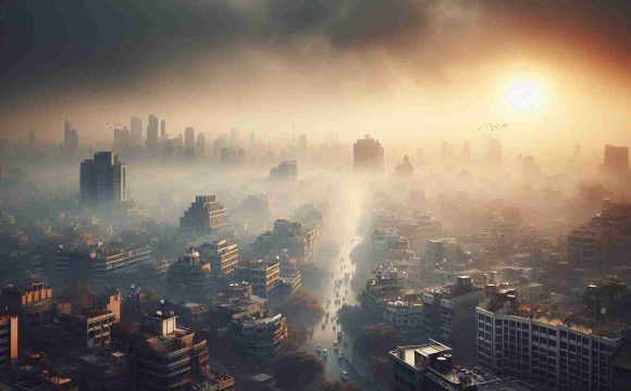 A realistic, high-definition image showing the air quality crisis in Delhi. The scene reflects an emergency situation, with smog enveloping the cityscape and reducing visibility significantly. Buildings should fade into the dense layer of pollution in the distance, with the sun attempting to pierce through the grey, hazy sky. The streets are filled with people, all genders and diverse descents, should be donning masks, a sight that's become all too common. The image should capture the urgency and gravity of this environmental issue.